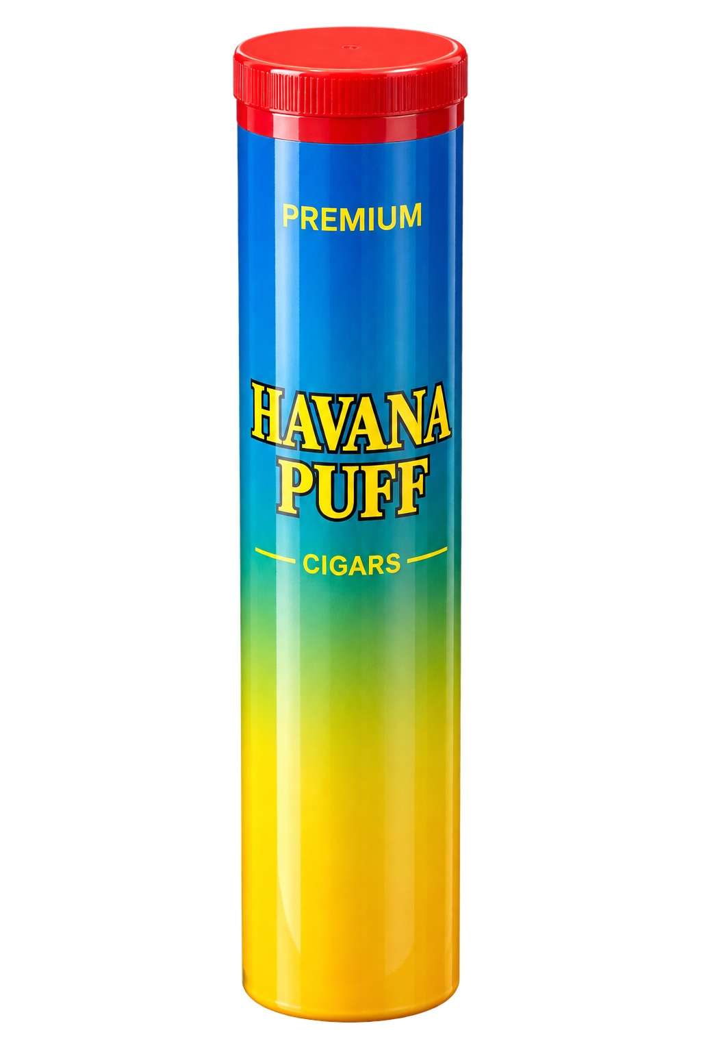 Havana Puff hand-rolled cigar in its blue and yellow tube with red cap